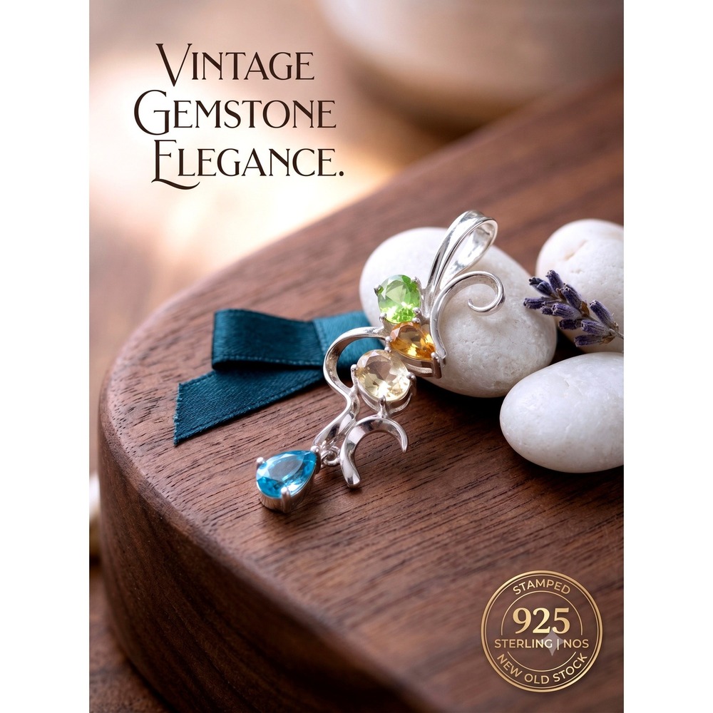 Vintage 925 Sterling Silver Gemstone Pendant Blue Topaz Citrine Peridot 7.5g‎